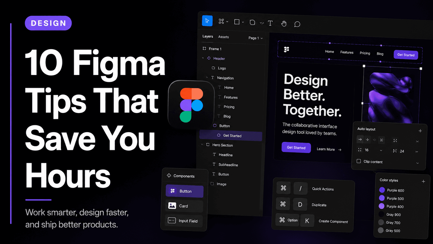 Figma design interface showing UI components and auto layout — tips for beginner designers