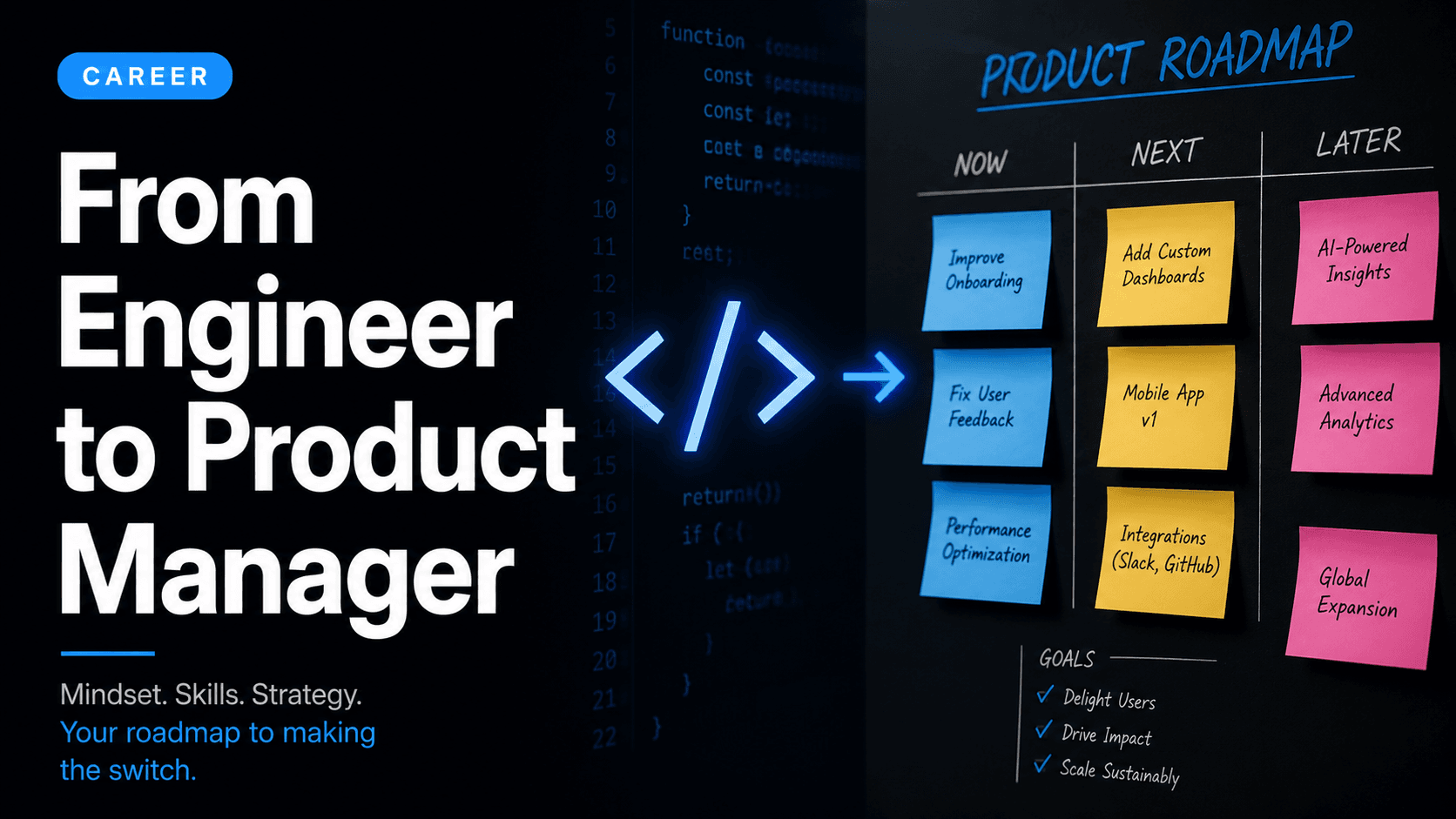 Engineer at whiteboard with sticky notes transitioning to product management role