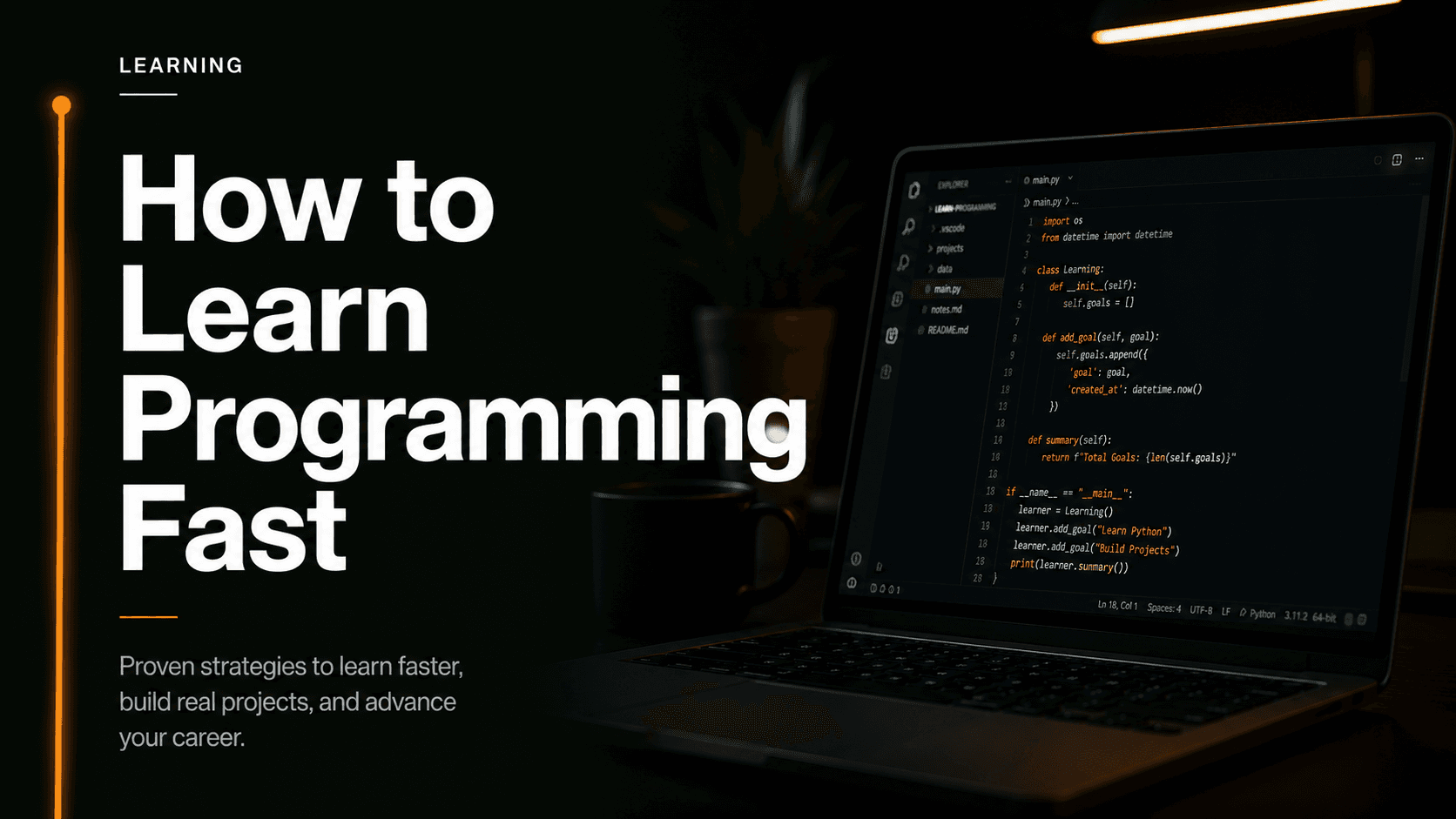 A programmer working late at night with code on screen — learning programming fast without burning out